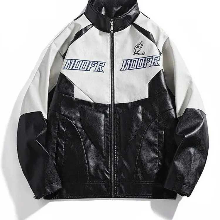 High Hip-hop Men's Street Jackets Design Embroidery Stitching PU Leather Jacket Men's Autumn Loose Fashion Racing Motorcycle Jacket Aesthe