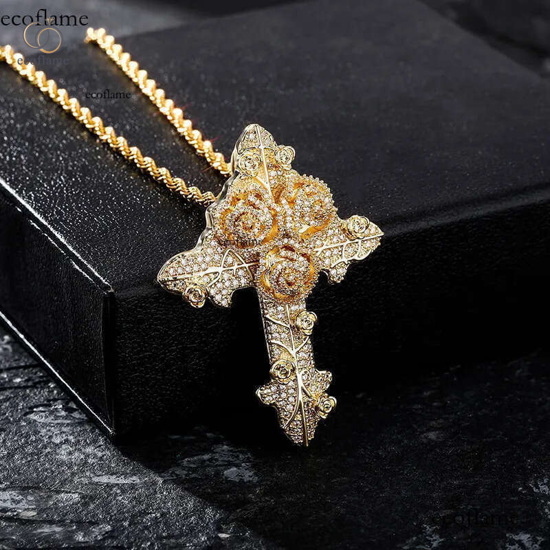 Bling Dia Stone Rose Flower Cross Pendants Necklace Real 14K Gold Plated Lover Gift Couple Religious Jewelry Valentine's Day