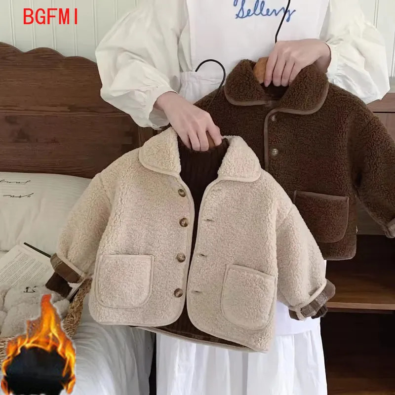 High-quality Boys Velvet Thick Wool Single Breasted Coat 2026 Autumn/Winter Warm Lamb Wool Top Baby Winter Girls Collar Coat261016
