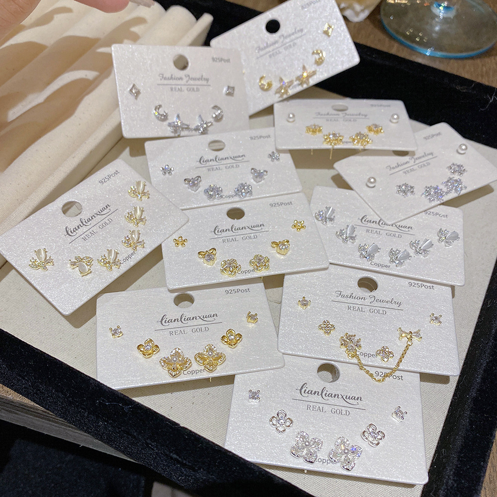 Ensemble de petites aiguilles en argent S925, boucles d'oreilles exquises, haut de gamme, trois paires de boucles d'oreilles en Zircon Super bril