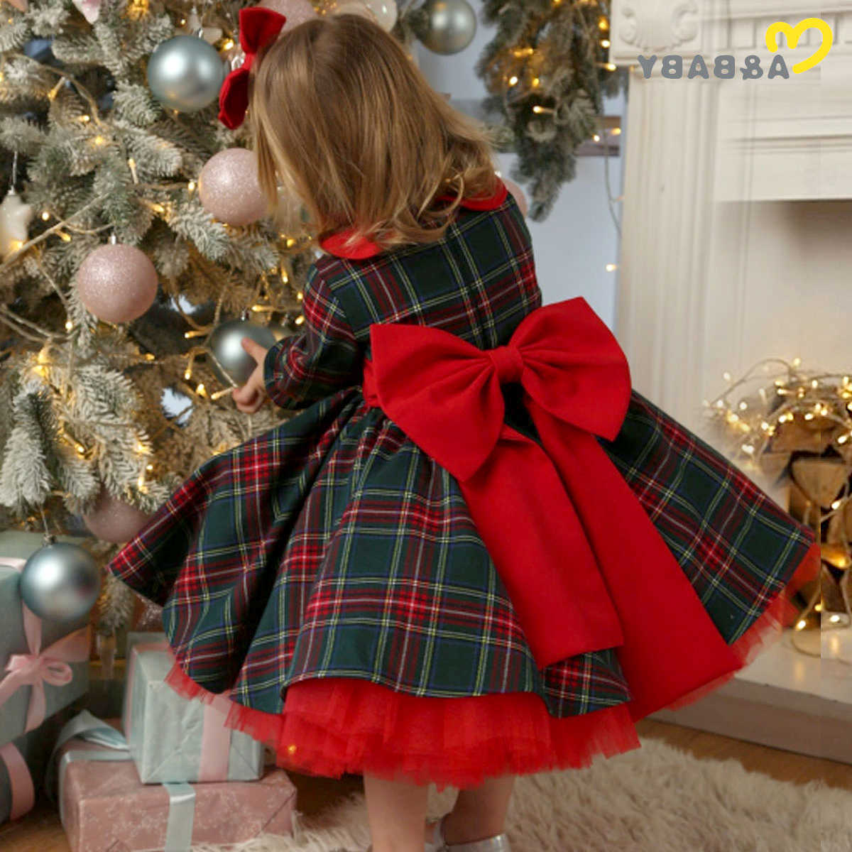 Baby Ma 1-7Y 2024 Christmas Girls Red Dress Kid Toddler Girl Plaid Bow Tulle Tutu Party Dresses Children New Year Xmas Costumes S261016RN2Q