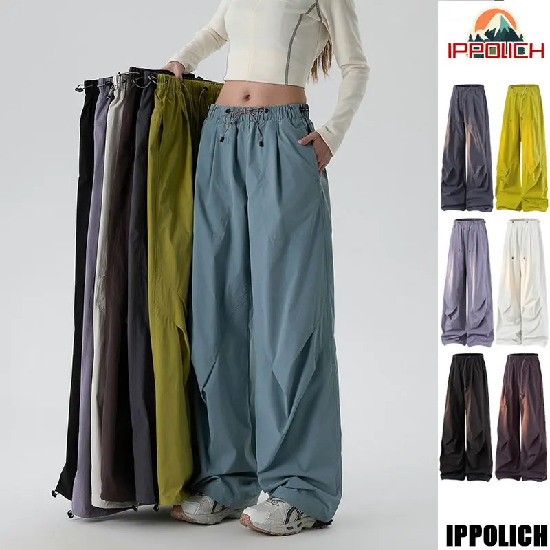 Women's Spring Autumn Loose Hiking Pants American Lazy Casual Parachute Embroidery Sweatpants Women Camping Pleated Overalls 261015