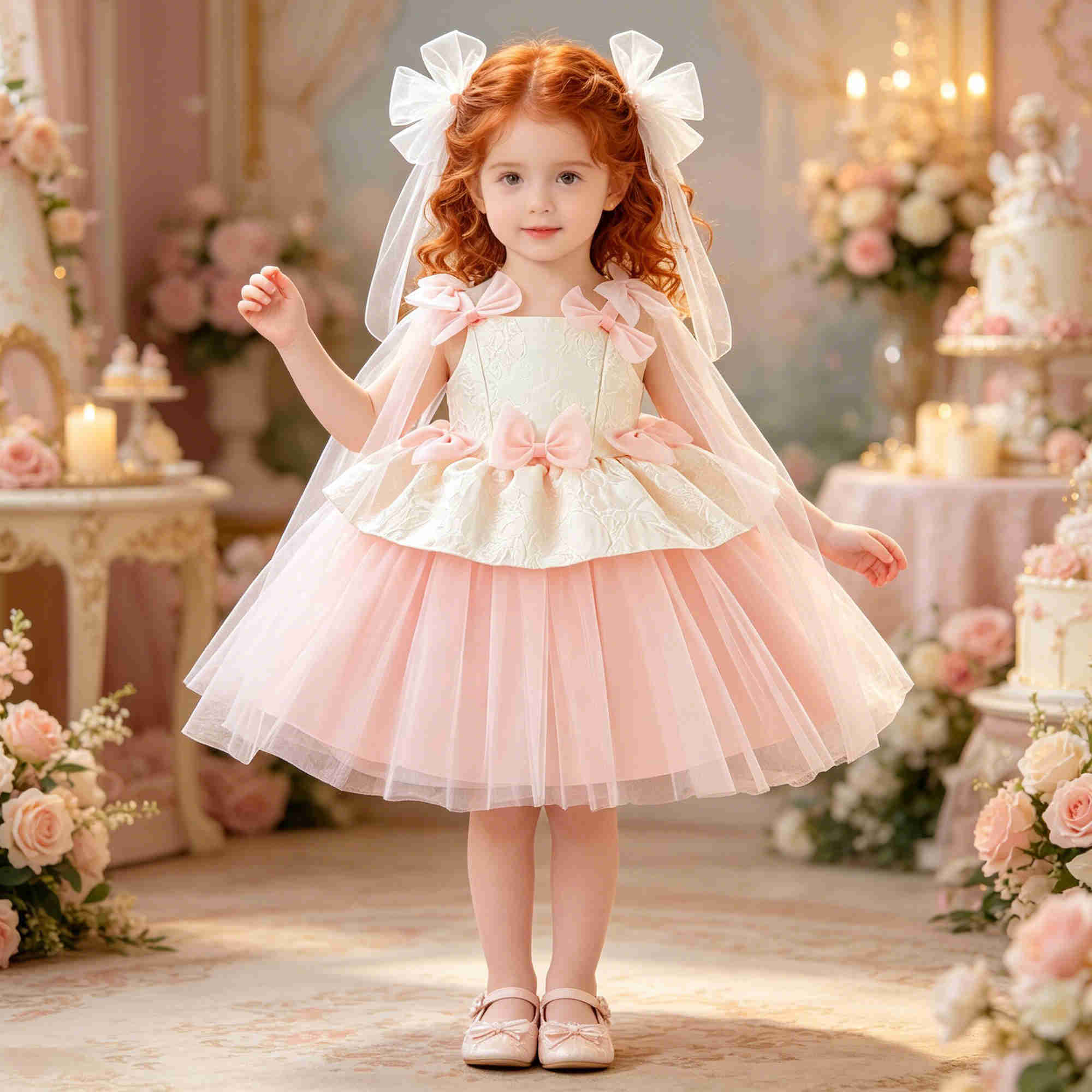 Pink Elegant Bow Party Baby Girls Dress Toddler Baptism 1st Birthday Princess Dresses for Kids Wedding Bridesmaid Prom Costume S261016Z25K