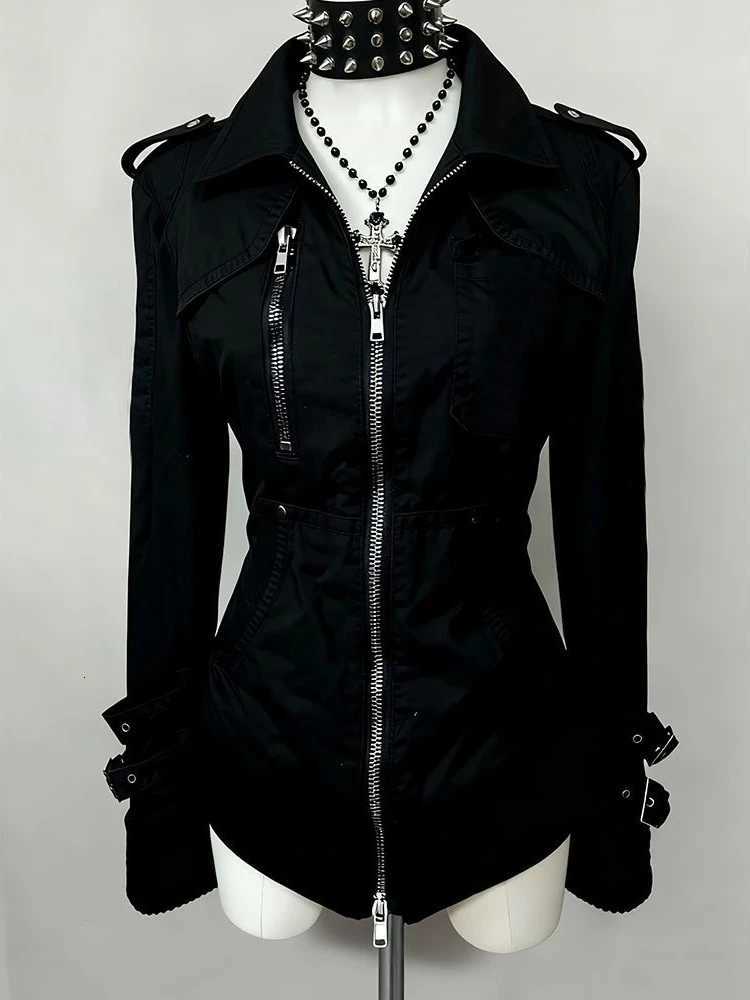 Jackets Women Gothic Punk Men's Jacket Black Lapel Multi Zipper Buckle Cuff Slim Waist Darkwear Coat Retro Rock Streetwear Outerwear Fashion N2