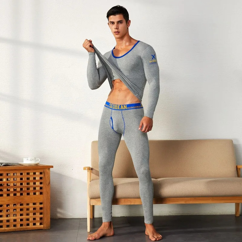 SEOBEAN Men's Autumn Pants Men Thermal Underwear Set VNeck Cotton Slim Fit Soft Warm Long Johns Base Layer Top for Winter 261012