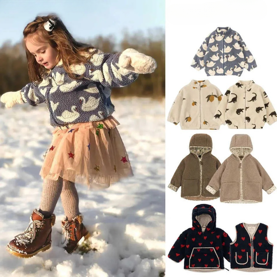 2026 New Konges Slojd Winter perfume Baby Girls Lambswool Cherry Jackets cologne Kids Clothes Boys Sequin Cartoon Outerwear Childrens Coats Designer