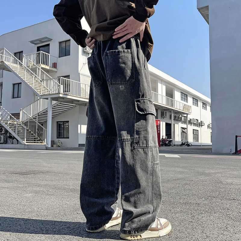 Men's Jeans 2025 new men's cement grey work jeans Y2K street hip-hop large pocket wide-leg straight jeans trousers jogging black light blu