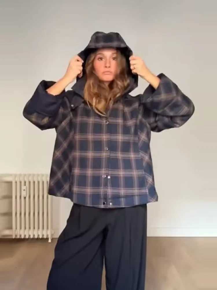 Jackets Fashion Navy Plaid Men's Hooded Jacket For Women Vintage Stand Collar Single Breasted Oversized Coat Lady 2025 Spring Chic Streetwear N