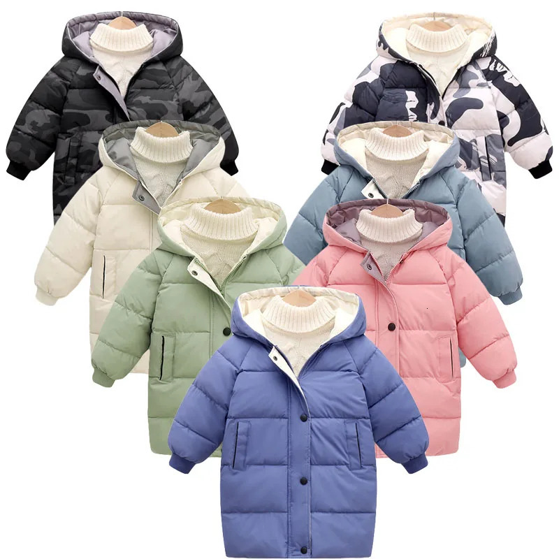 Winter Kids Down Jacket Boys Girls Solid Mid-Length Warm Coat Cold Protection Hooded Cotton Windbreaker Outerwear 3-10Y 261015