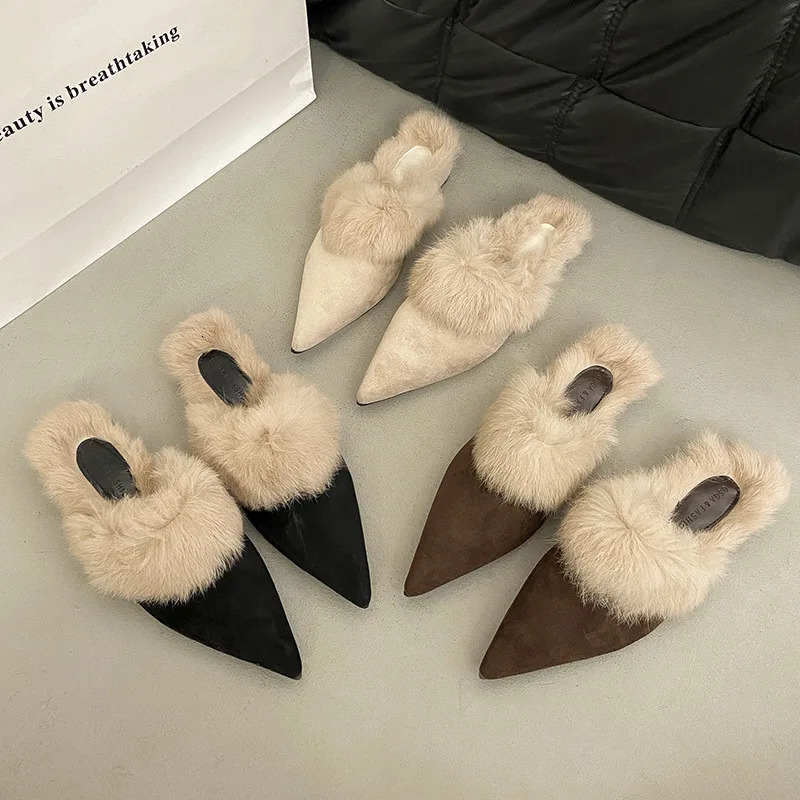 Women Pointed Toe Stiletto Heel Mules Autumn Winter High Heel Fur Slippers 261016