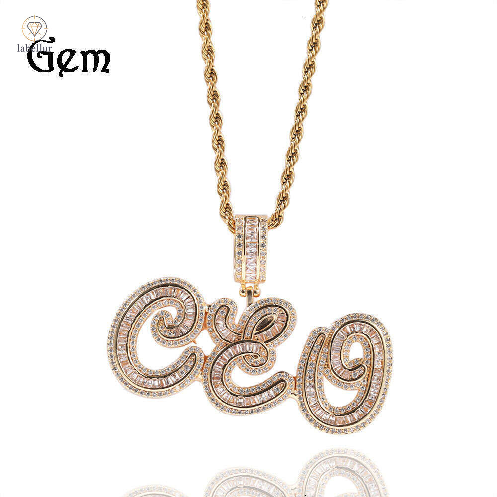 Moissanite Jewelry Style Inlaid Diamond Cursive Square Pendant Trendy Cool English Letter Necklace Hip Hop 0