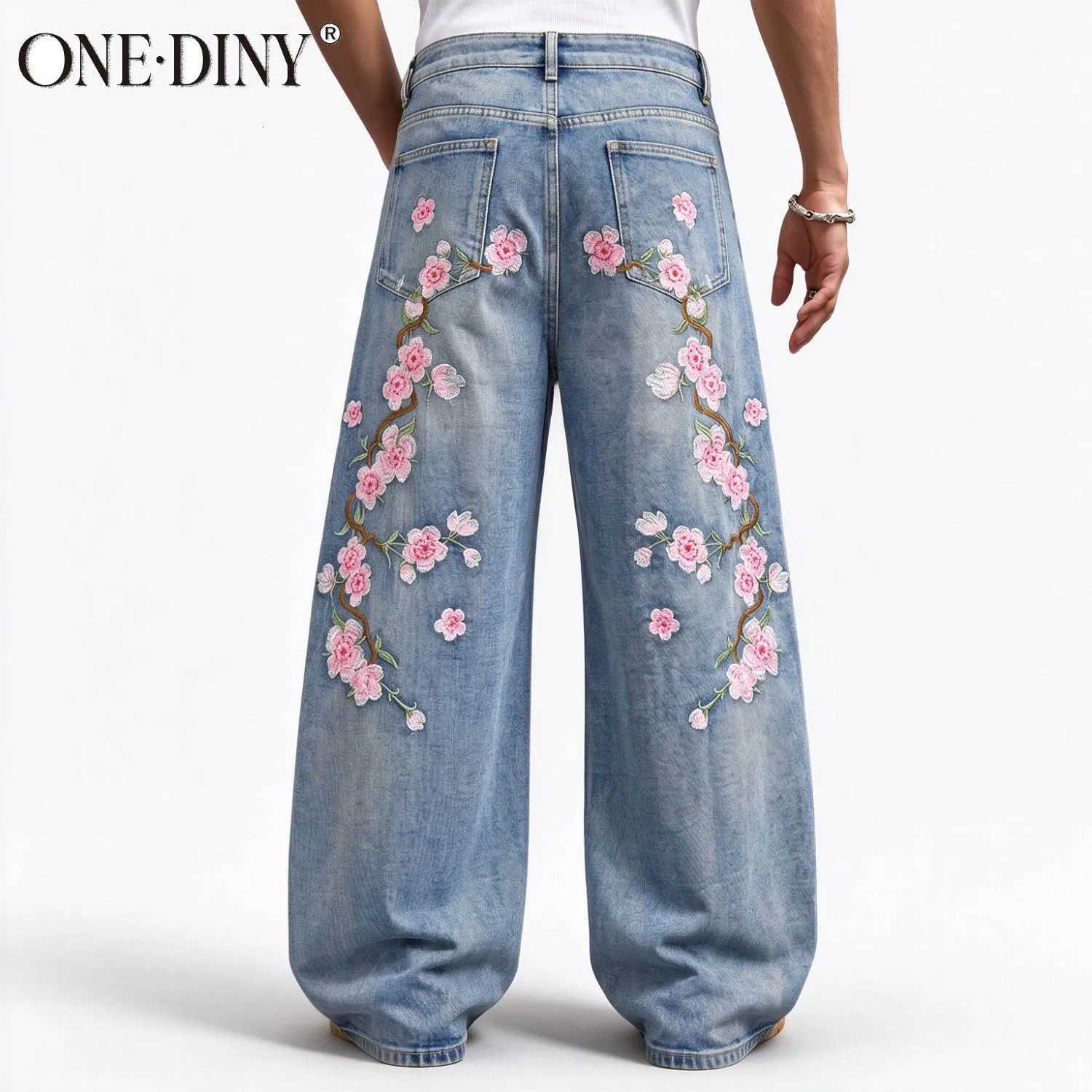 Men's Jeans ONEDINY Men's Baggy Jeans Light Blue Washed Cherry Blossom Embroidery Wide Leg Denim Pants Streetwear Y2K Hip Hop Loose Vintag