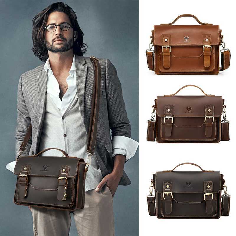Cross Body Men'S Shoulder Bag Top Layer Genuine Leather Cowhide Vintage Briefcase Tote Handbag Messenger Crossbody Side Portable Square Bag H26