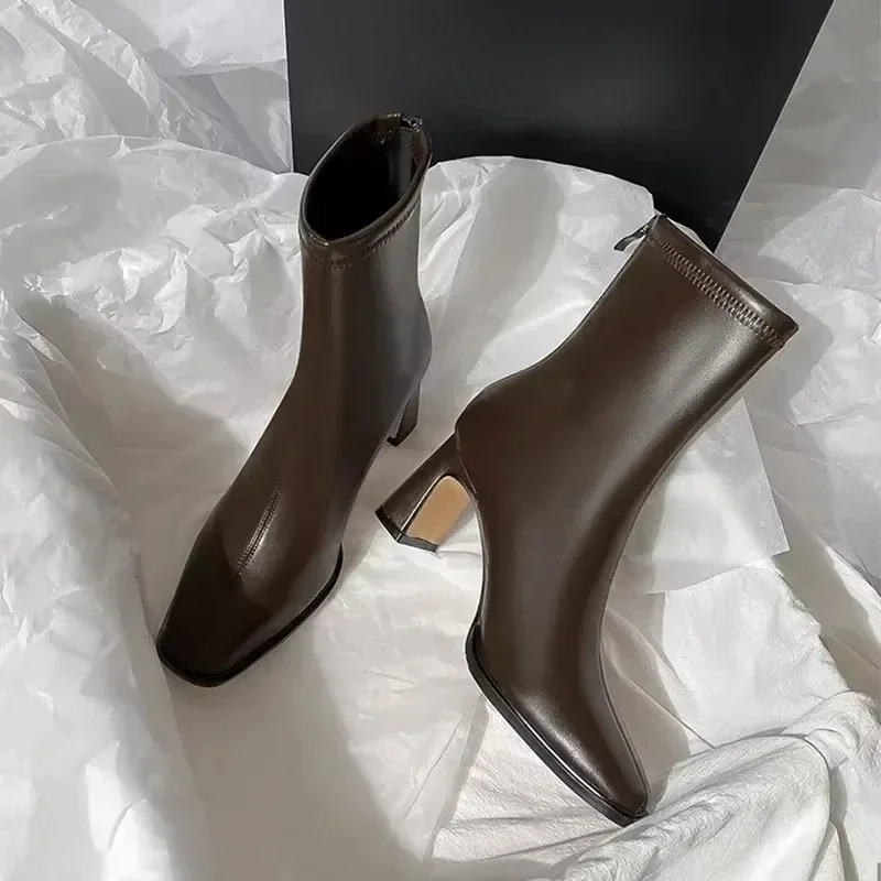 Vintage Brown Women Ankle Boots Fashion Elegant Square Toe Shoes Autumn Winter Thick Heel Women's Short Booties 261016