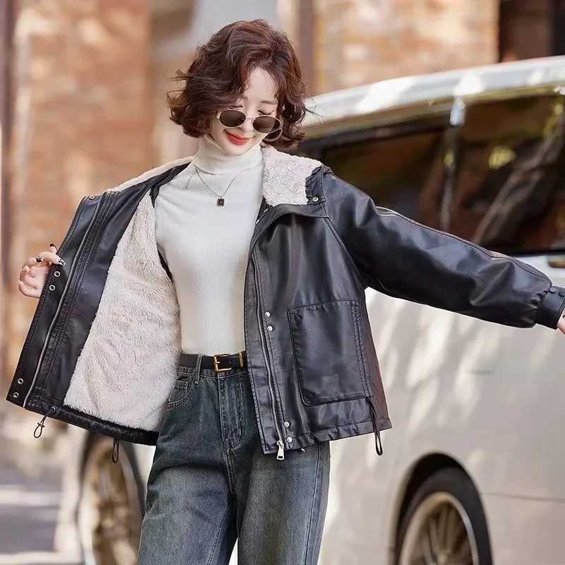 Leather Men's Jackets 2026 Winter Jacket Women Add-velvet Thicken Warm Coats Loose Hooded Short Jackets Streetwear Windproof Leather Outerwear