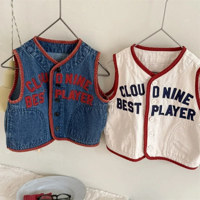Children's Vest 2025 Spring Autumn Letter Embroidery Girls Boys Shoulder Sleeveless Jacket Baby Casual Denim Waistcoat261016