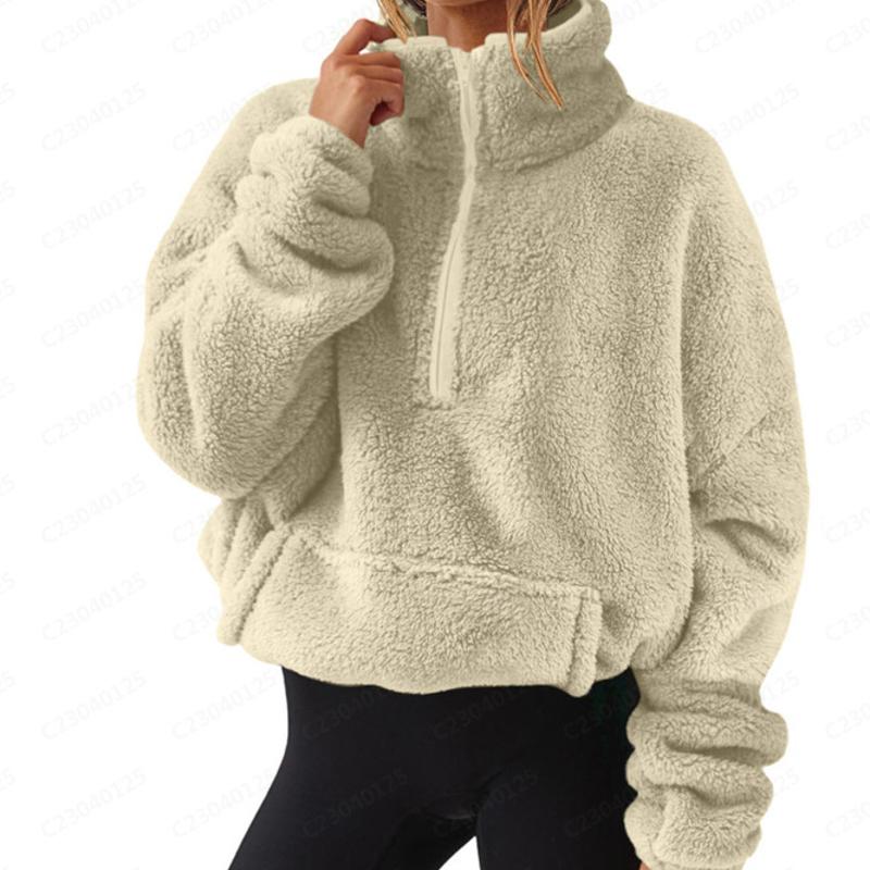Sweat-shirt polaire à col montant et demi-fermeture éclair pour femme, pull épais et chaud décontracté avec poches, ourlet à cordon de serrage, h