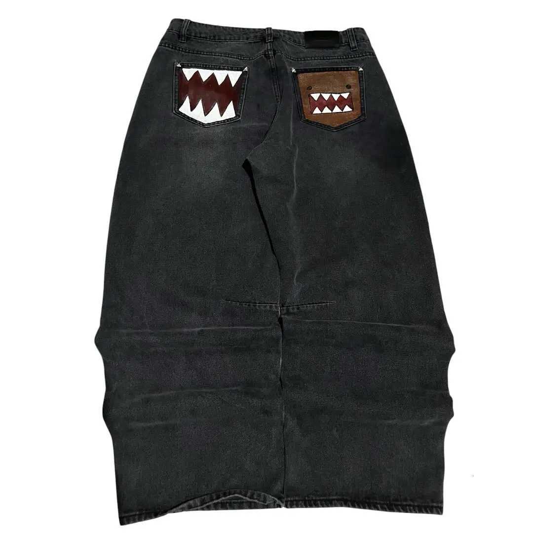 Men's Jeans Y2K shark mouth patch loose jeans retro washed black wide leg denim pants street wear hip-hop oversized loose pantsT261016