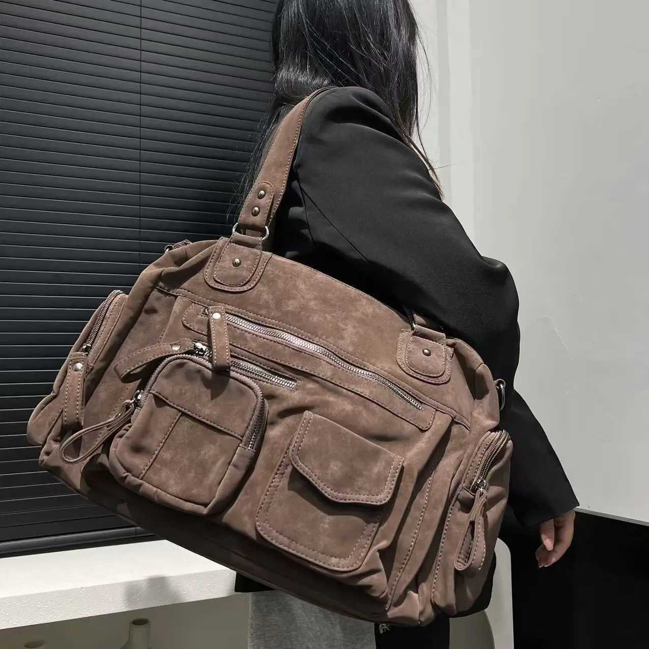 Totes Ladies' personalized Y2K spicy girl motorcycle bag street style retro style frosted suede PU handbag - coffee brown X261016