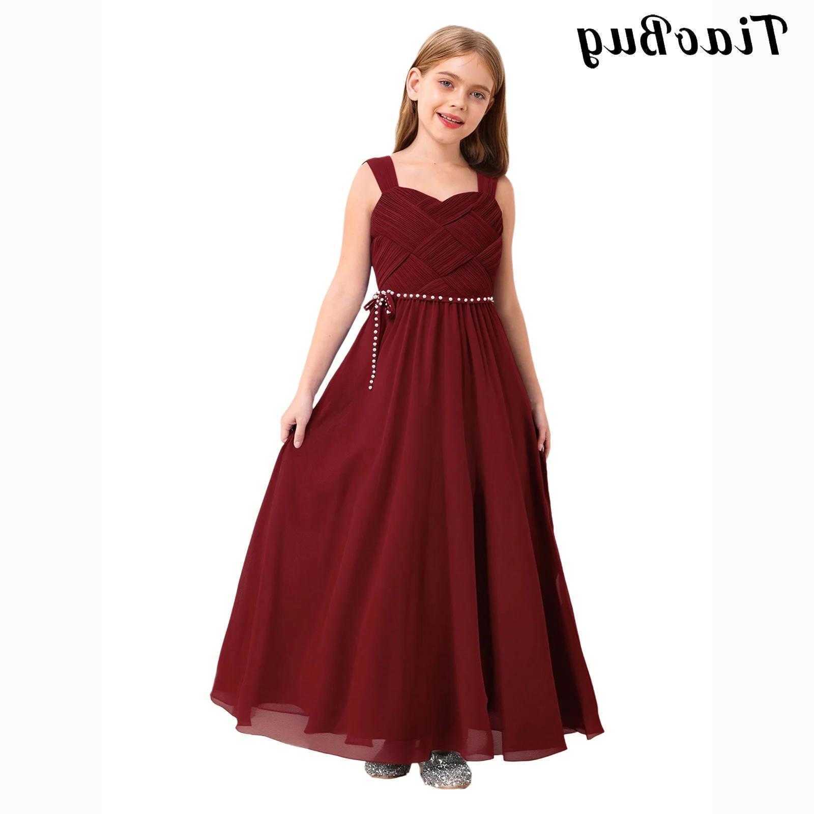 Girls Kids Wedding Bridesmaid Dress Spaghetti Strap Elegant Chiffon Maxi Party Dresses with Faux Pearls Belt for Banquet Pageant S2610169A2H