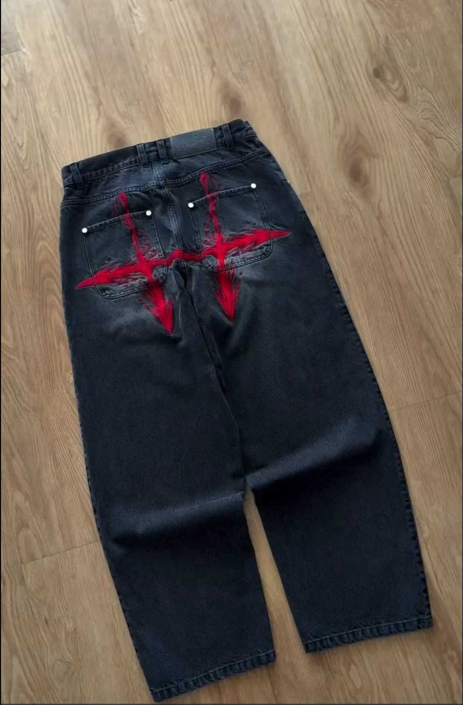 Men's Jeans Y2K Vintage Loose Denim Pants Black Japan Cartoon Pattern Embroidered Jeans Women Wide Leg High Waist Streetwear Men JeansT261016