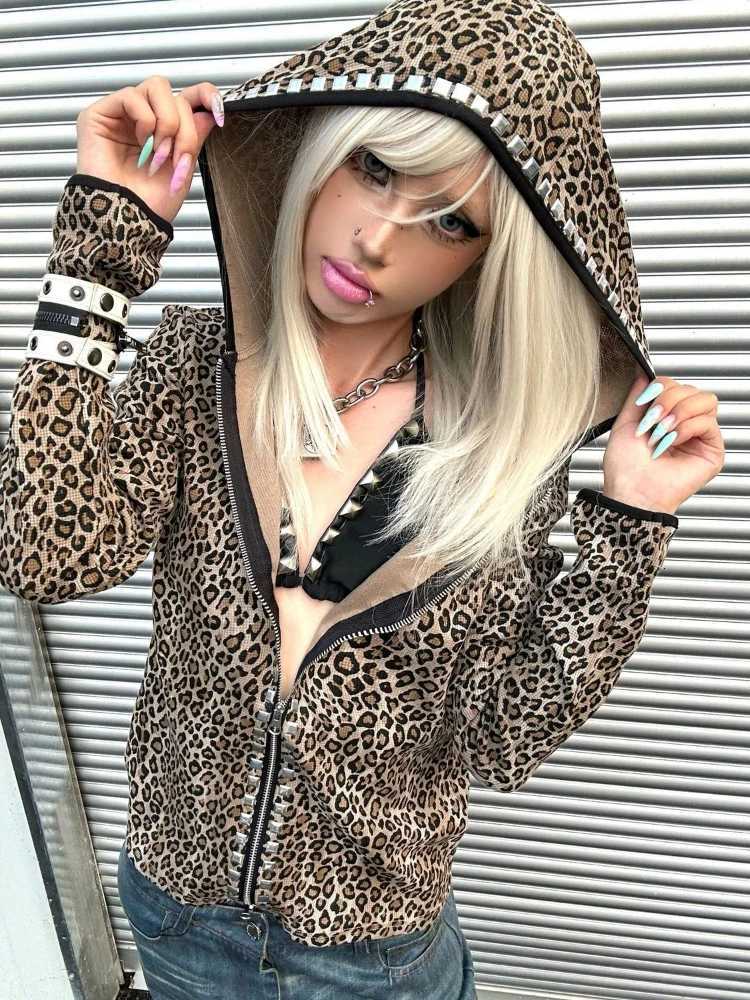 Vintage Men's Aesthetic Jackets Y2k Leopard Hooded Coats Streetwear Women Rhinestone Casual Loose Jackets Autumn Harajuku Punk Zipper Jacket N2
