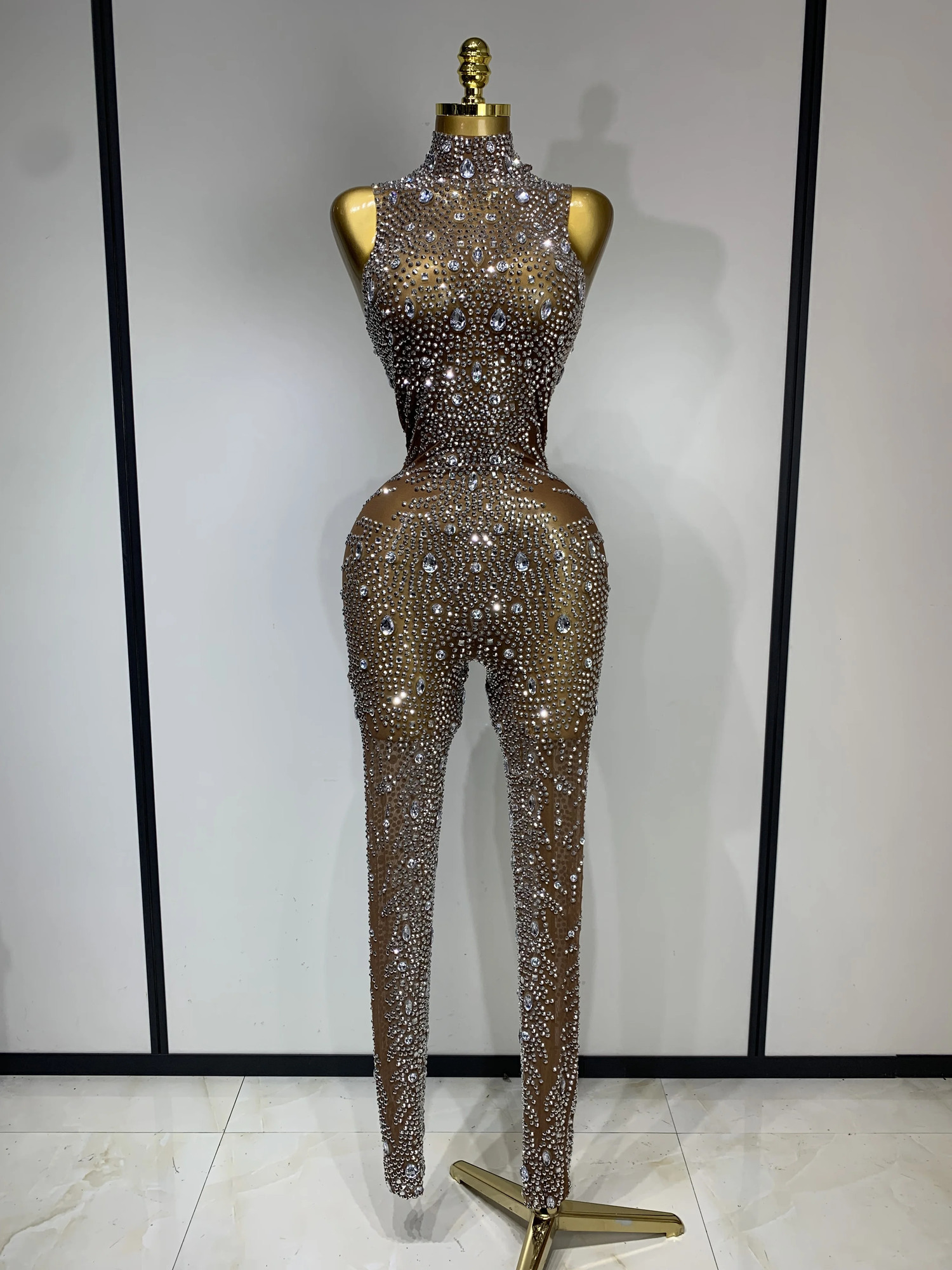 y Rhinestones Jumpsuit Women Sexy Mesh See Through Performance Dance Costume Celebrate Club Birthday Party Stage Outfit 261015