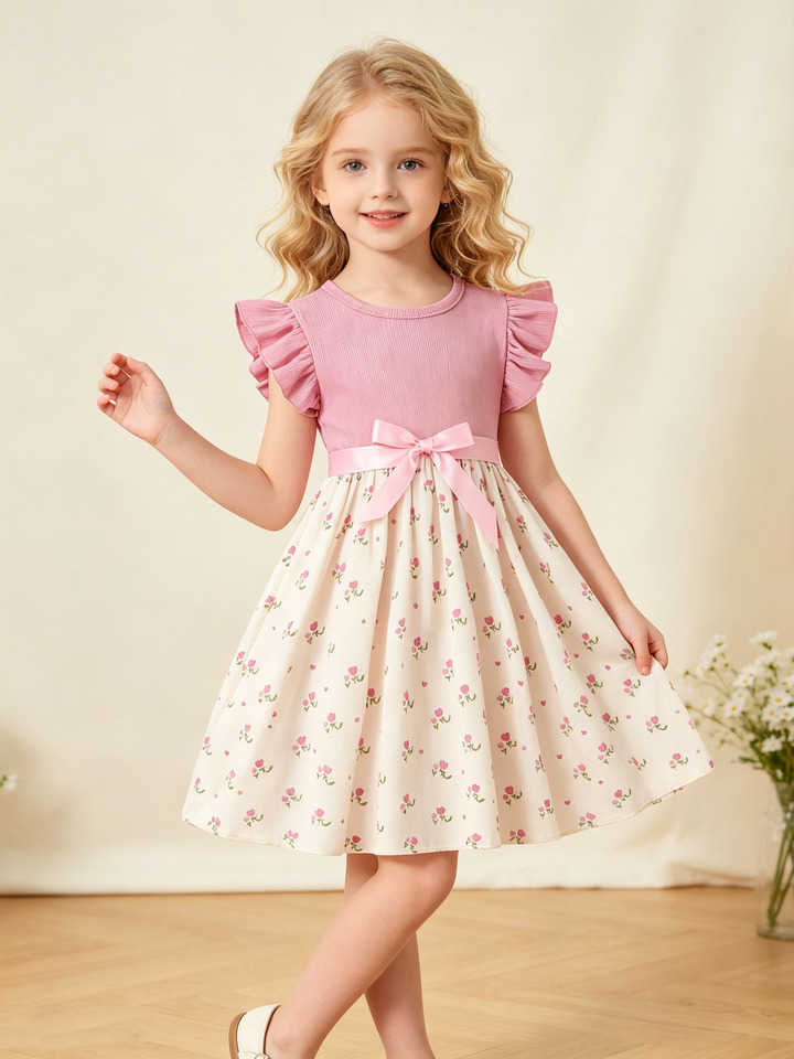 Style Summer Girls Sleeveless round Neck Printed Dress Cute Flying Sleeve Outfit with Belt Pink S261016B5WC