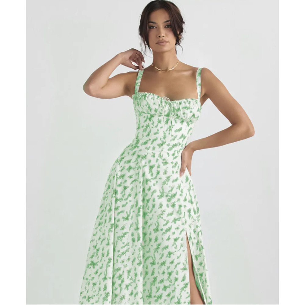 House Of Cb Long Dress Casual Fashion Corset Split Skirt Bow Tie Chest Frill Details Printed Dresses Back Lace Up Robe Clothing Womens Summer 2A0