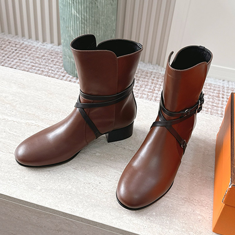Nancy 35 Stivaletti alla caviglia Comodi stivali da donna in pelle liscia con cinturino con fibbia a testa tonda Stivali corti retrò moda autunno in