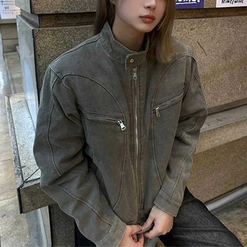 Washed Men's Jackets Unisex Vintage Denim Jacket Stand Collar Zip Up Cropped Casual Streetwear Outerwear Coat For Spring Autumn N261016