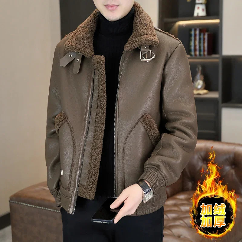 Winter Fur Integrated Leather Jacket for Men Thick and Warm Motorcycle Bike Windproof Waterproof PU Casual Coats 261014