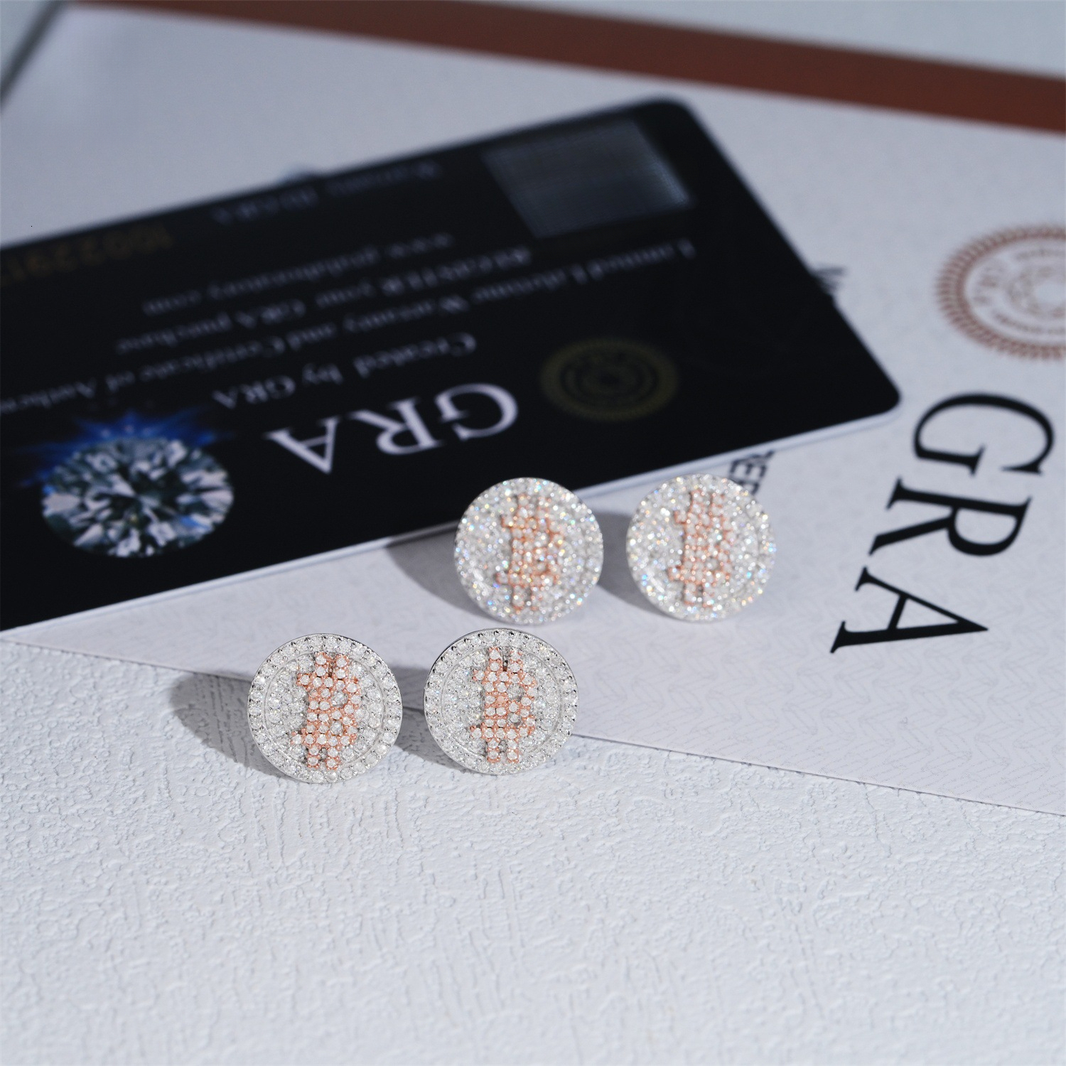 hip-hop style round Bitcoin 12mm stud earrings, 925 silver, fully inlaid with VVS moissanite, a popular earring