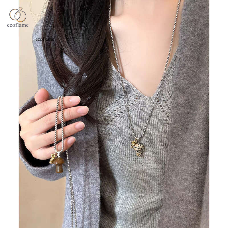 Spotted Tiger Eye Stone Mushroom Pendant Necklace for Women, Light Luxury Niche Exquisite Long Clavicle Chain, Versatile Sweatshirt Sweater Chain