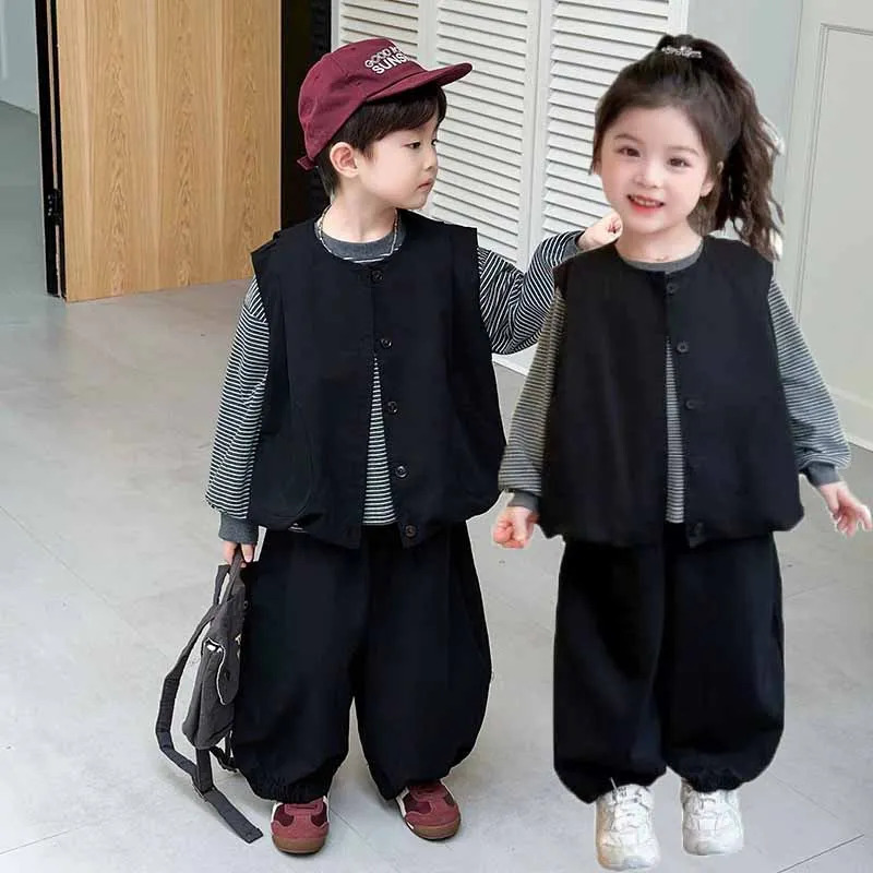 Boys Fashion Set Spring Girls Suit Childrens Striped Top Vest Trousers 3Pcs Kids Casual Loose Outfits Autumn Clothing 261016