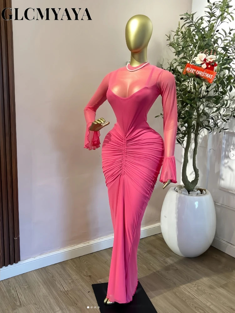 CM.YAYA Women's Flare Long Sleeve Stacked Ruched Mermaid Maxi Dress 2026 Street Education Party Cocktail Night Out Long Dresses 261015