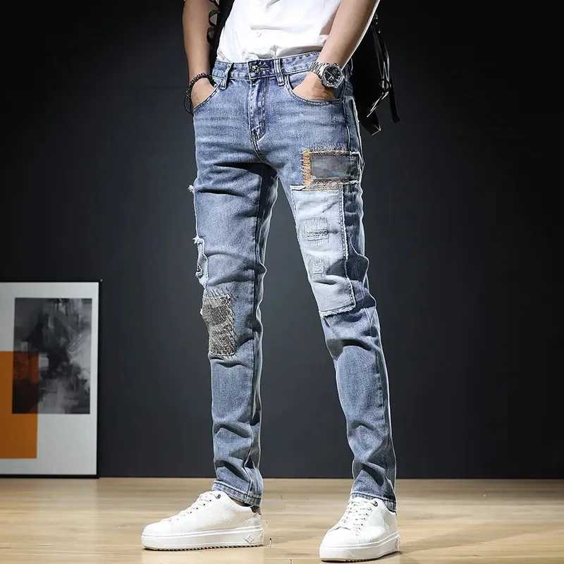 Men's Jeans Summer New Korean Fashion Trend Casual Embroidery Straight Stretch Jeans Men's Patchwork Button Zipper Pockets Wash Slim Pants