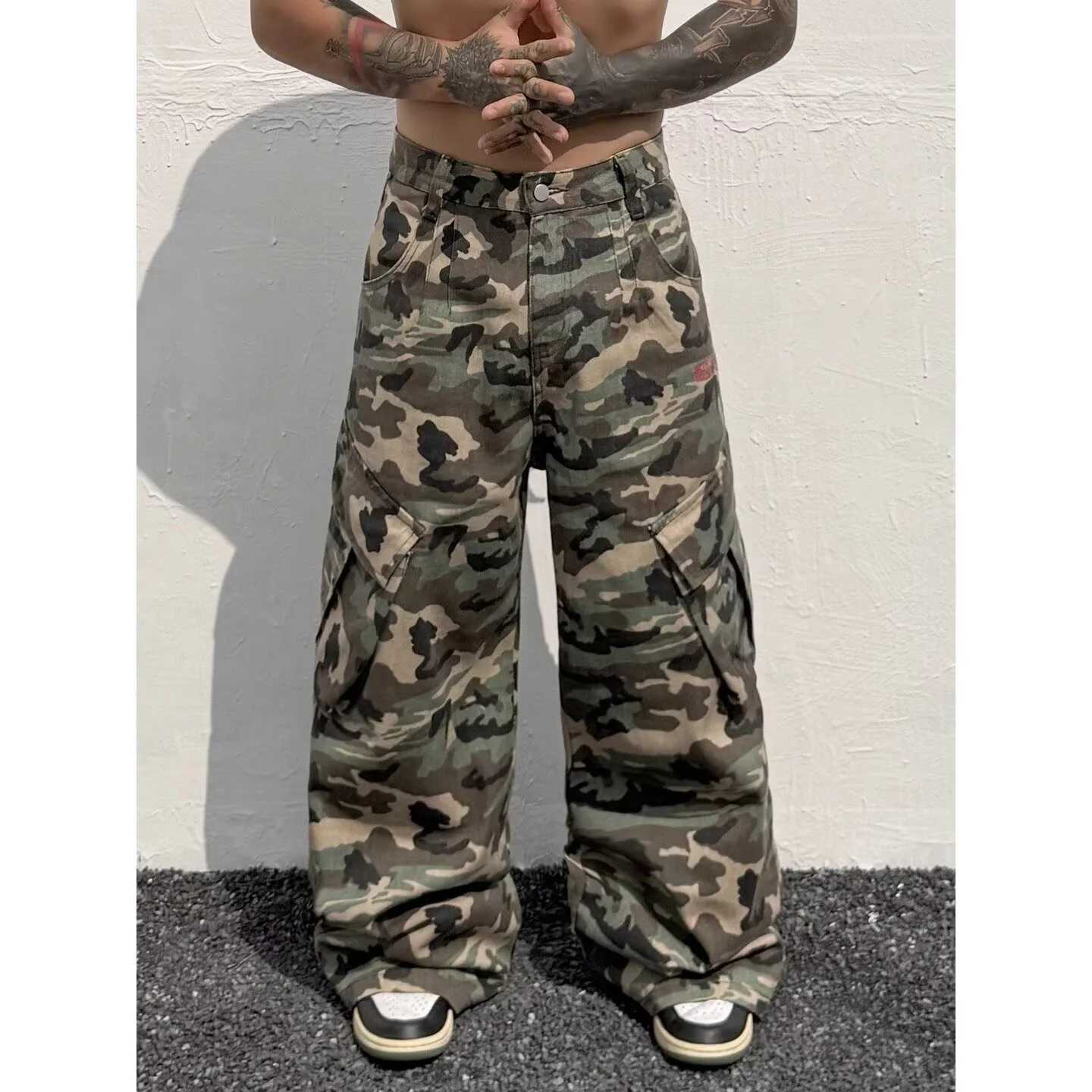Men's Jeans Men's Straight Leg Camouflage Casual Trendy wide leg Jeans Hip Hop Versatile Loose Fit High Street Y2K American Jeans Long Tro