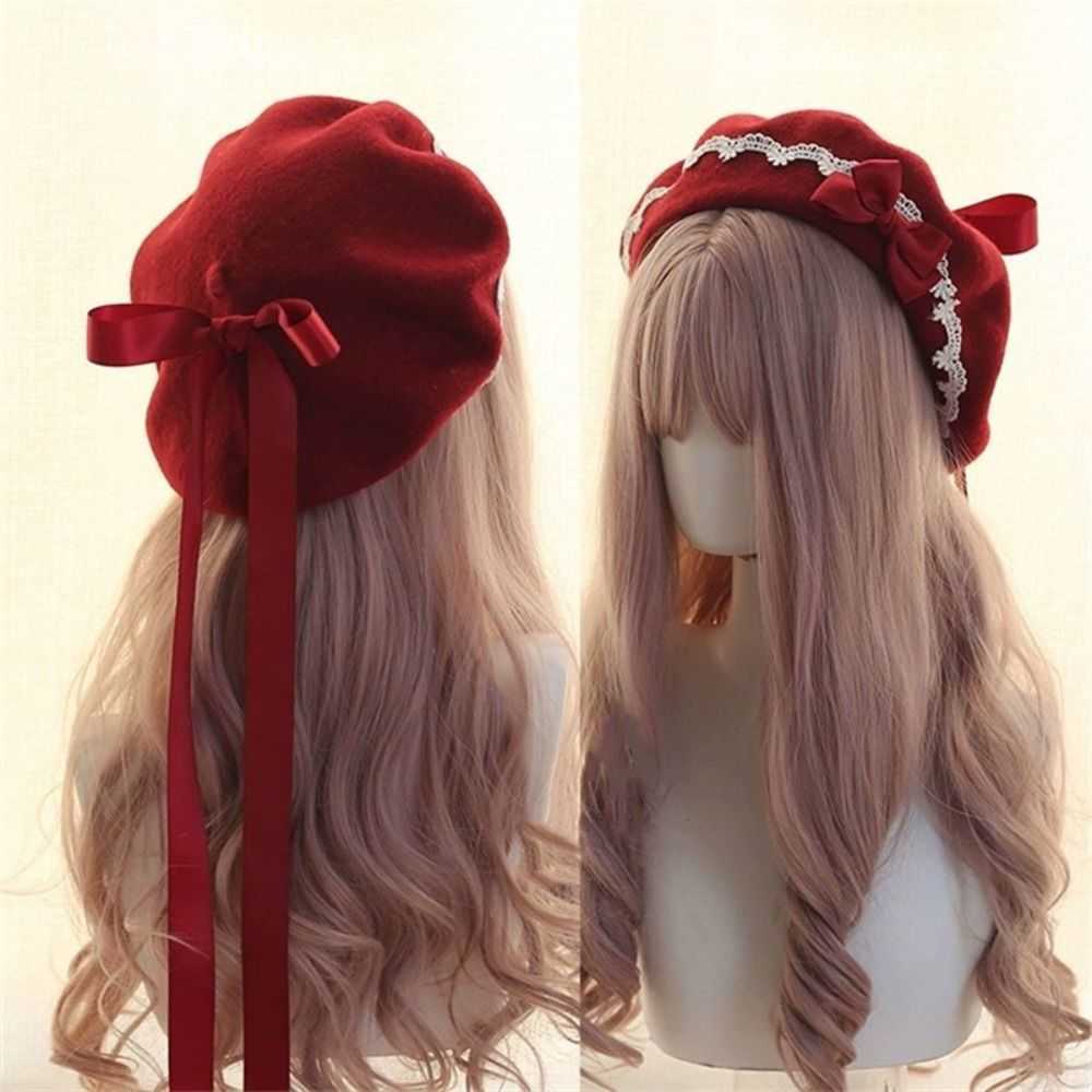 Lolita Fashion Japanese Style Beret Hat Sweet Woolen Bow Beret Handmade Lacebow Artist Hat Winter Season S261016JB4B