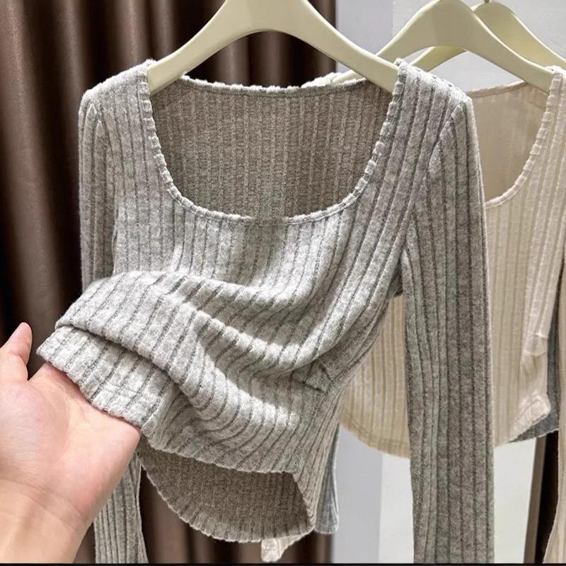 Designer Surdimensionné Femmes Col Carré À Manches Longues T-shirt Brossé Slim Fit Solide Base Tee Doux Automne Hiver Superposition Top Streetwea