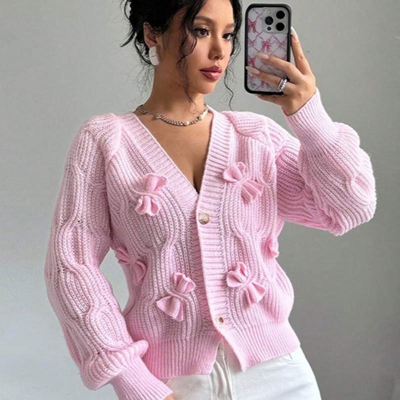 Women's Autumn Winter Solid Color Bow Knit Cardigan Short High Waist Long Sleeve Sweater Commuter Designer Outerwear