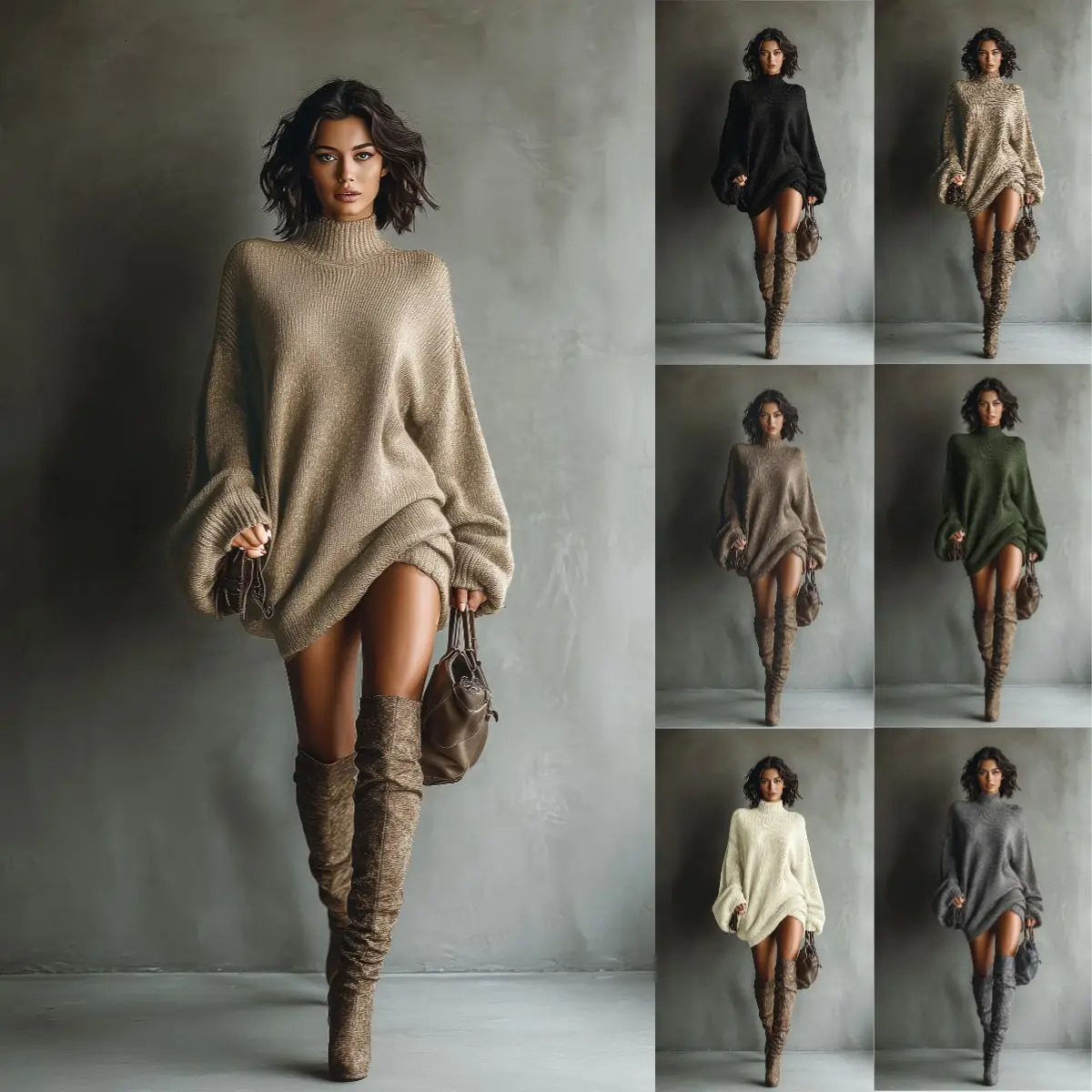 Elegant Long Sleeve Solid Knitwear Sweaters Dresse HighNeck Casual Commute Clothes Autumn Winter Female Pullover Dress 260928