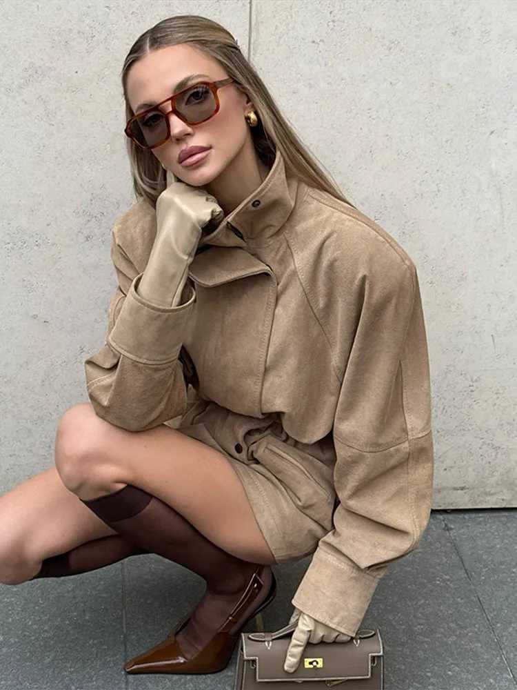 Women Men's Jackets Suede Spring Long Jacket Stand Collar Cinched Waist Single Breasted Pockets Female Coat Fashion Office Streetwear 2026 N261