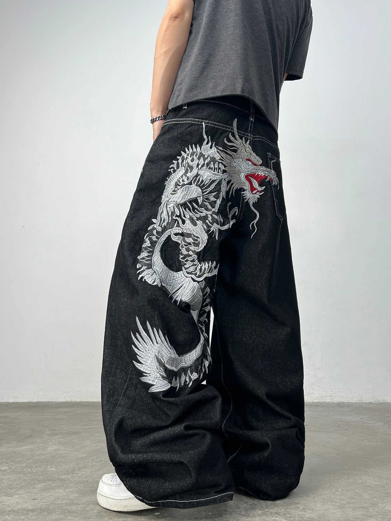 Men's Jeans Retro High-Quality Dragon Pattern Embroidered Washed Black Baggy Jeans Men Y2K Street Hip-Hop Fashion Versatile Wide-Leg PantsT2610