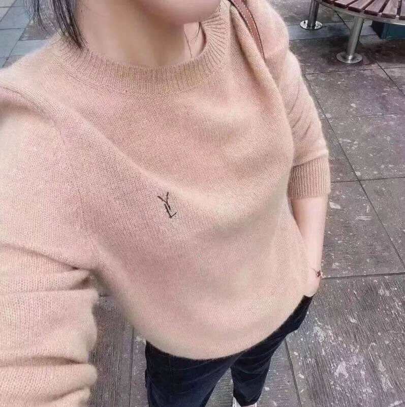 yslshoesfor sweater 2024 Laurent Designer puff cashmere sweater women's loose round neck sweaters versatile Y embroidery knit bottom shirt Swea