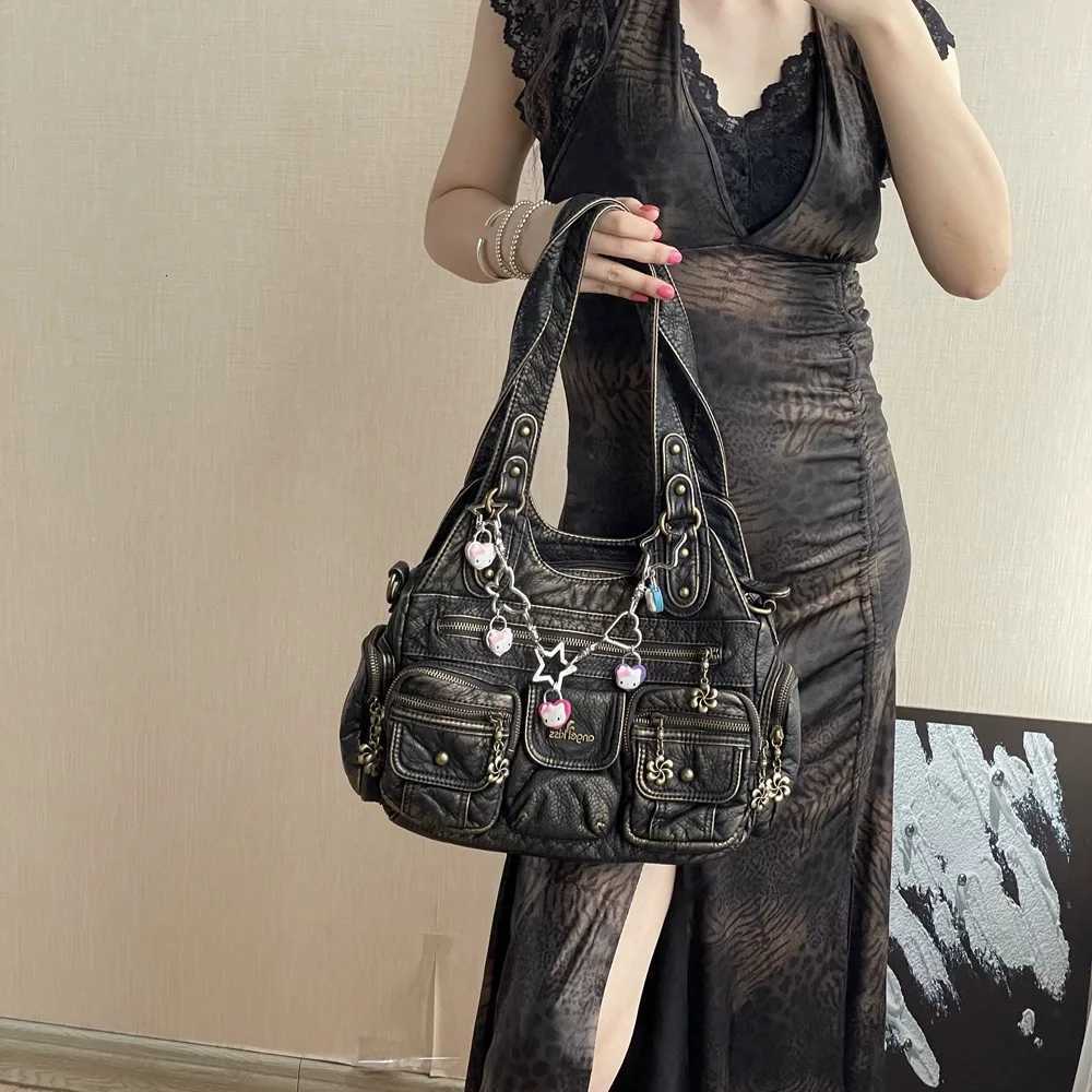 Cross Body Women's Y2K Washed Leather Hobo Handbag Angelkiss Distressed Black Shoulder Bag with Multiple Compartments Antique Gold Hardware H26