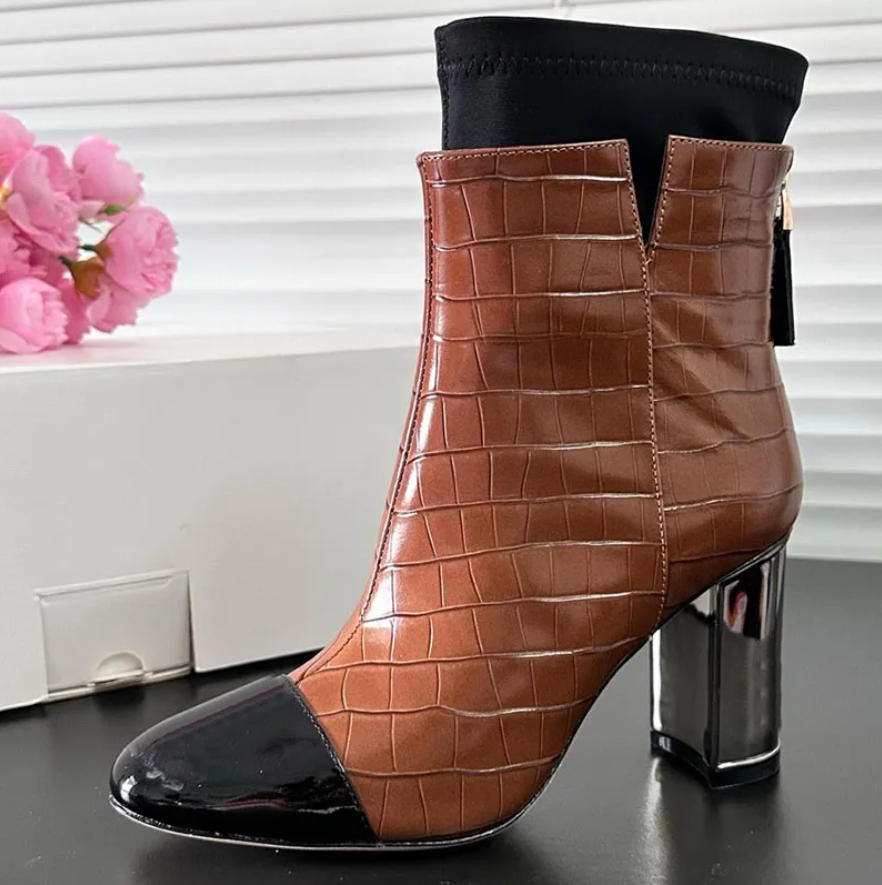 High Boots Designer Women's Crocodile Pattern Shining Leather High Wall Boots Elastic Tube Drawstring Back, Metal Thick Heel Shows Thin French