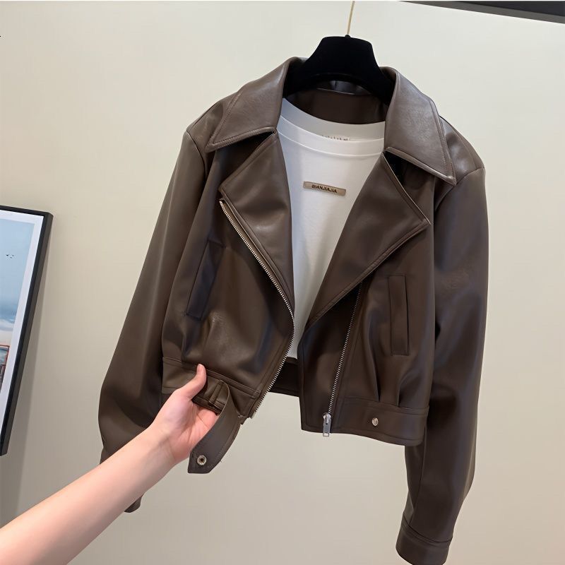 2026 spring new collection, fashionable and elegant loose-fit black biker-style PU jacket for petite figures