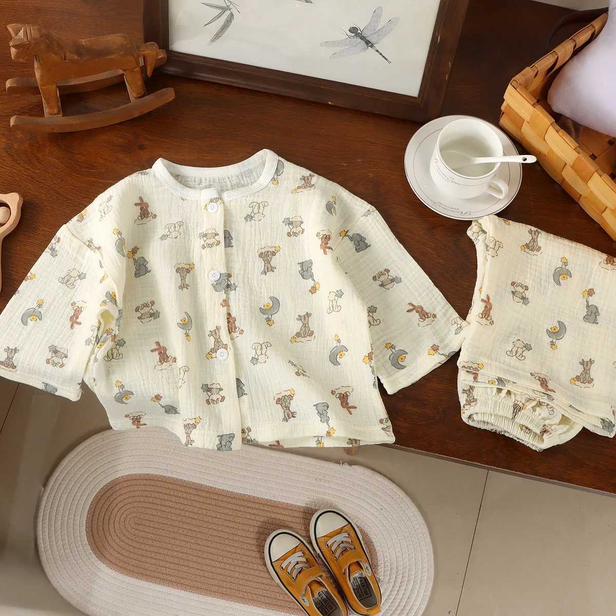 Pajamas Girls' Pajama Sets Summer Cotton Pajamas Children's He Wear Clothes Set Thin Double-layer Cotton Air Conditioning Suit SetW261019