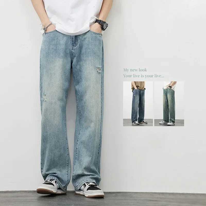 Men's Jeans Korea Baggy Jeans Men's Vintage Straight Ripped Y2k Pants Fashion Frayed High Street Distressed Denim Trousers Male ClothesT26